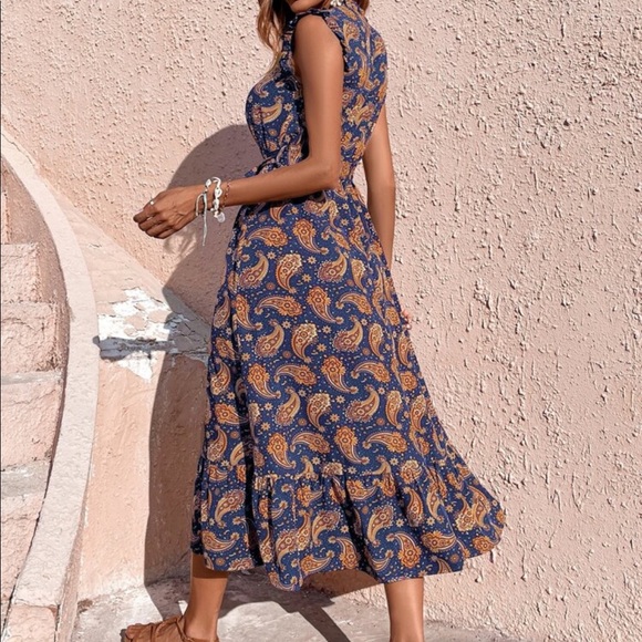 Boho Bohemian Gypsy Paisley Floral Print Cottagecore Belted Maxi Dress - Picture 5 of 8